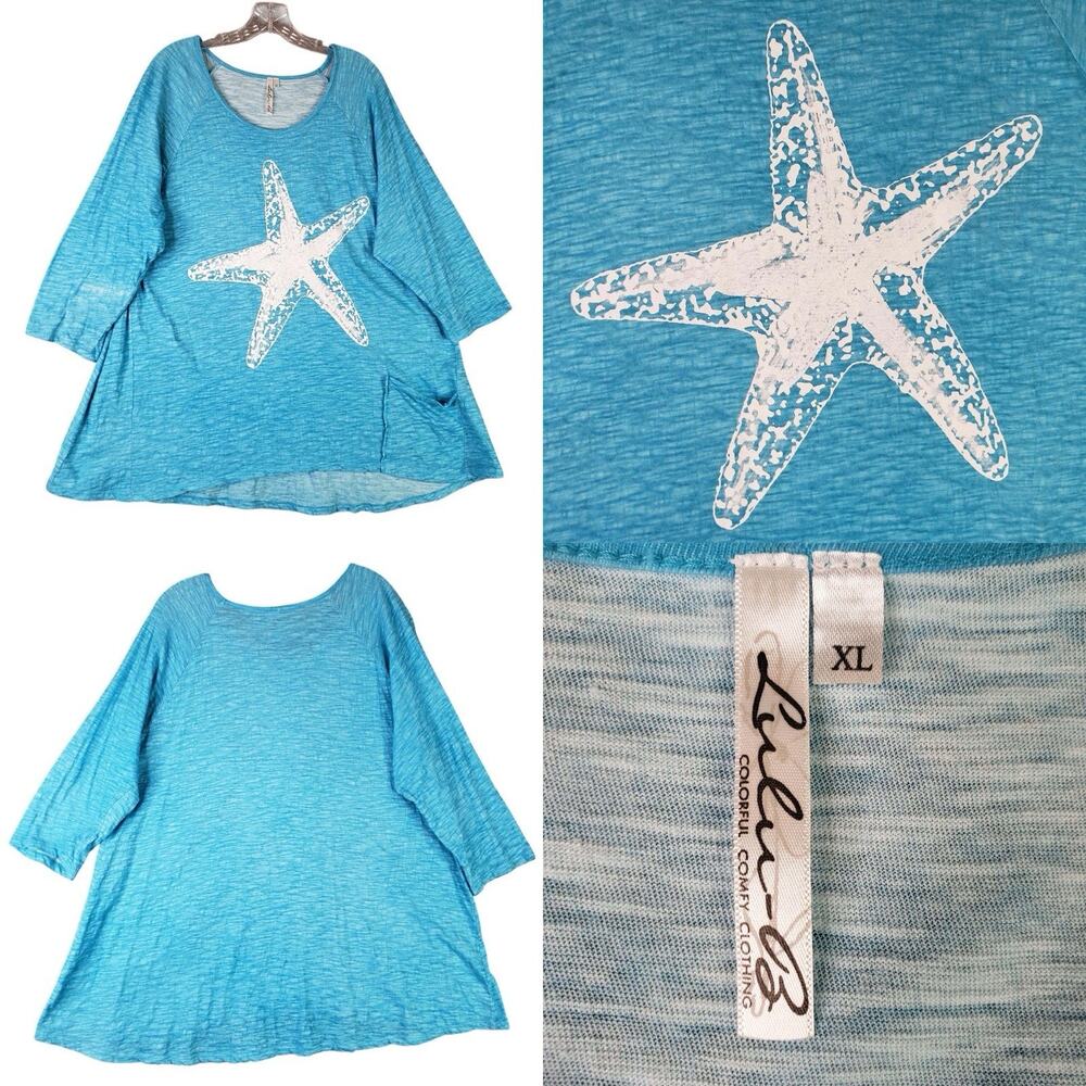 Lulu‎ B Shirt Stretch Size XL Teal Blue Starfish Tunic LS Cotton Beach Resort